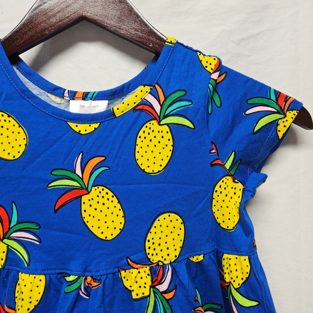 Hanna Andersson Dress Kids 8 Blue Pineapple Tiered Cotton Short Sleeve 57997